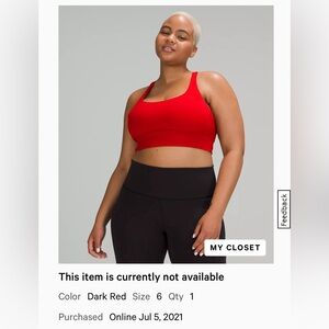 Lululemon energy longline bra color dark red size 6